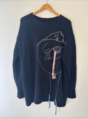 Zara Black Embroidered Oversized Tassel Knit Cotton Sweater
